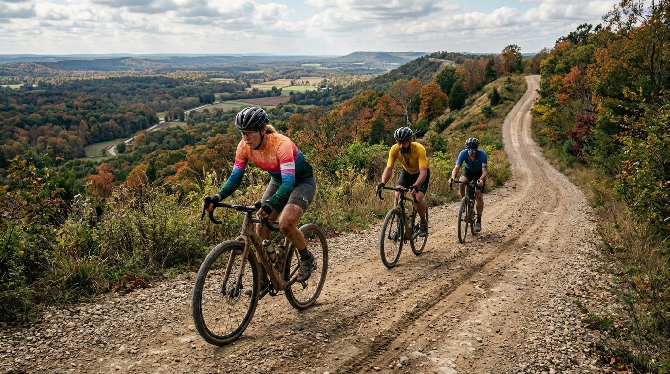 Cyclist climbing an Ozark-style uphill