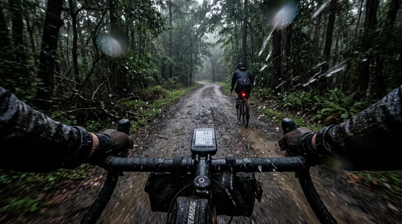 First-person style view of cyclists in mud