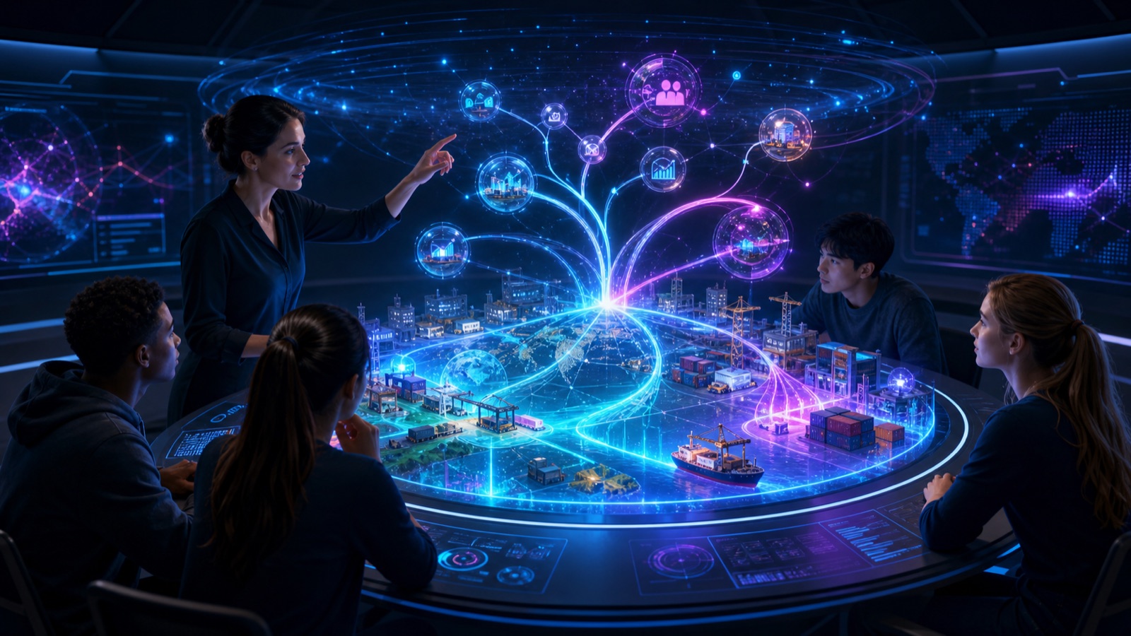 An instructor and students exploring choices and consequences in an interactive supply-chain simulation