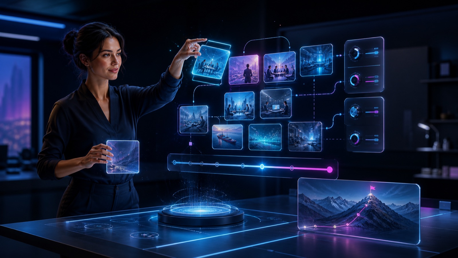 An instructor assembling a dynamic business challenge from modular scenario elements
