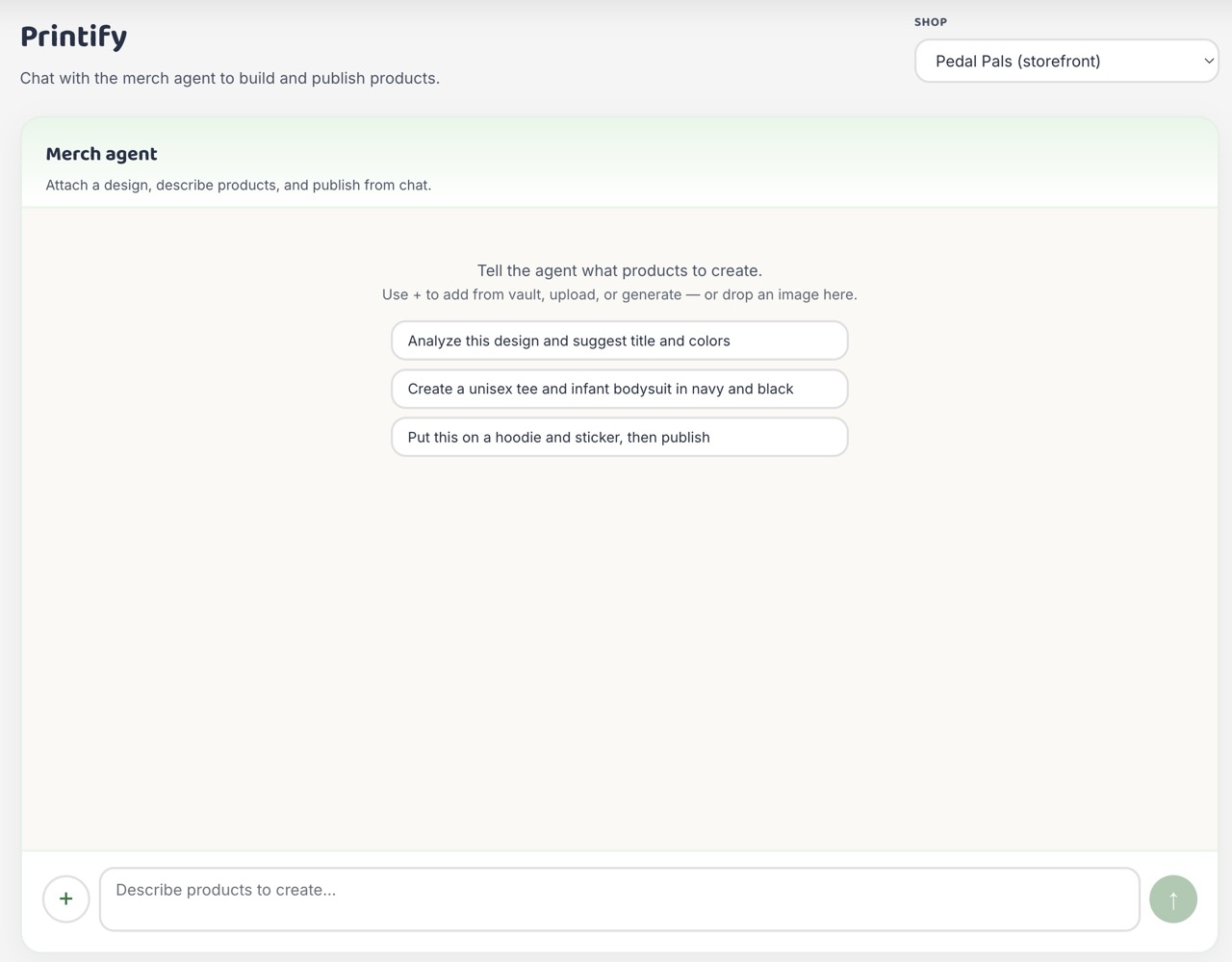 The main Merch Agent chat window showing product requests and active design preview