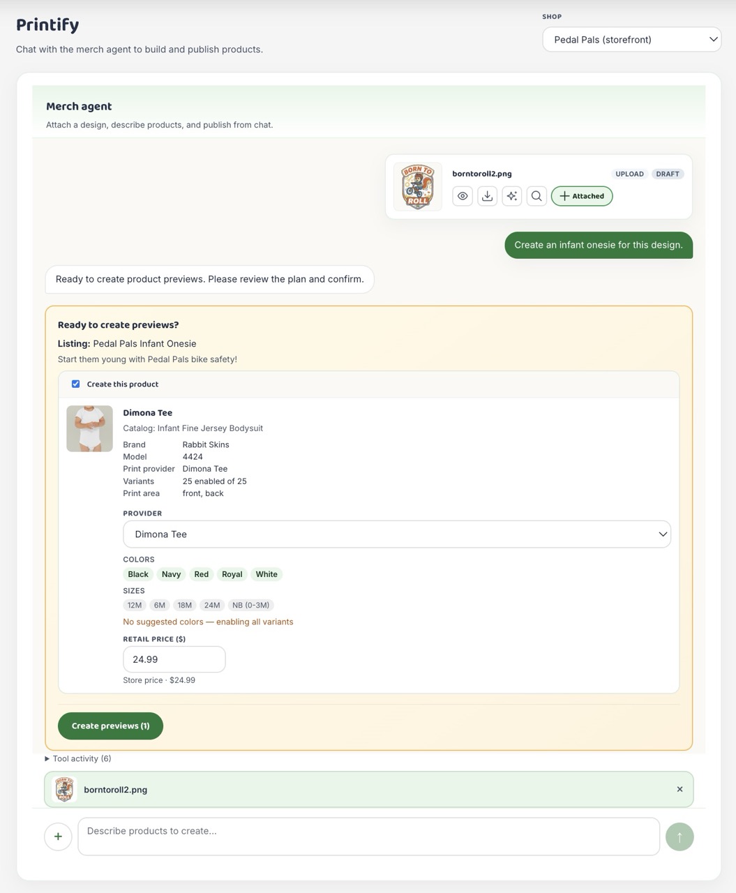 A preview panel generated from the agent's batch request, showing estimated costs, sizes, and colors before creating drafts
