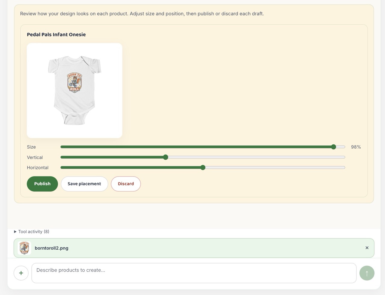 The mockup review panel lets admins inspect the actual generated products from Printify, adjust positions, and select which mockups to publish