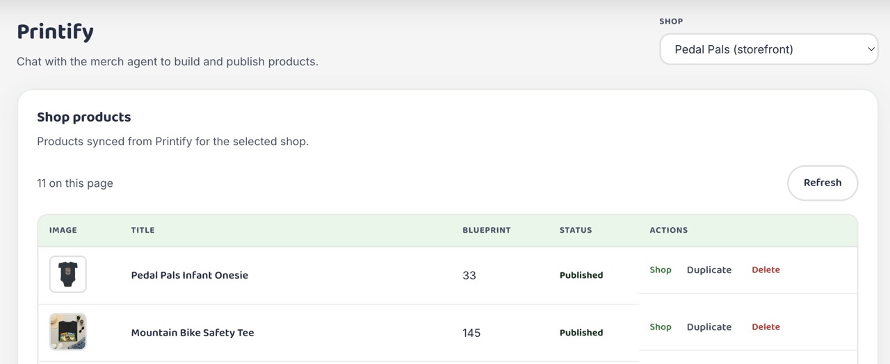 Once published, the new items appear in the Next.js admin product list with their sync status