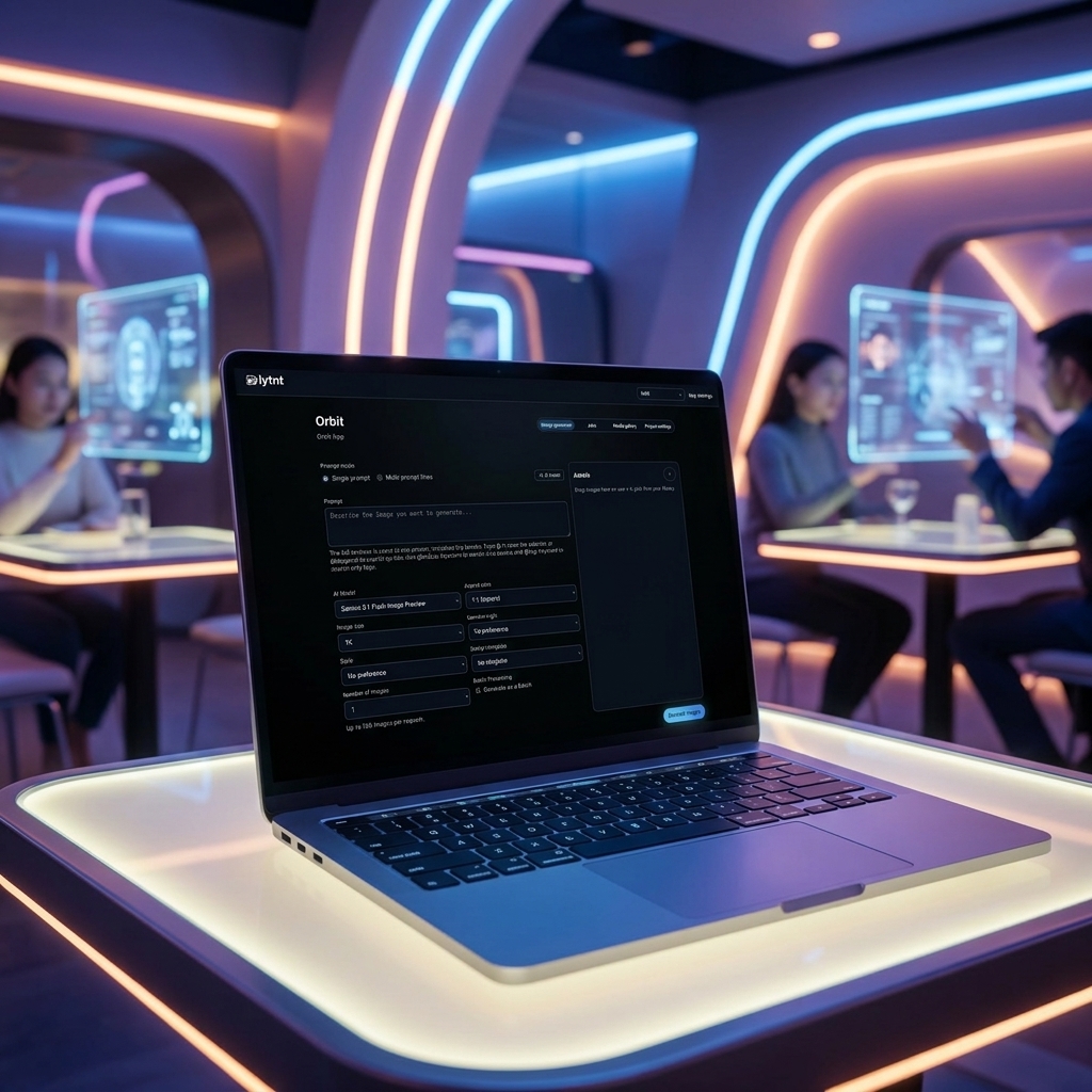 Cinematic view of an AI image generator rendering assets in a futuristic, ambient-lit creative environment.