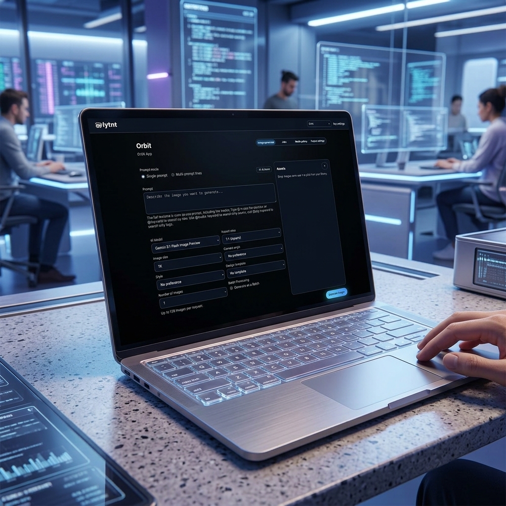 A futuristic AI rendering workspace showing a local image generator running on a laptop device.