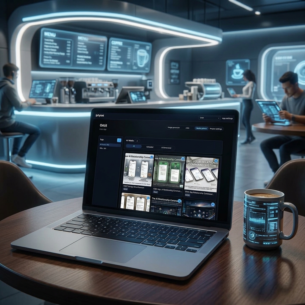 An offline laptop workspace running Lytnt to render creative graphics inside a futuristic co-working environment.