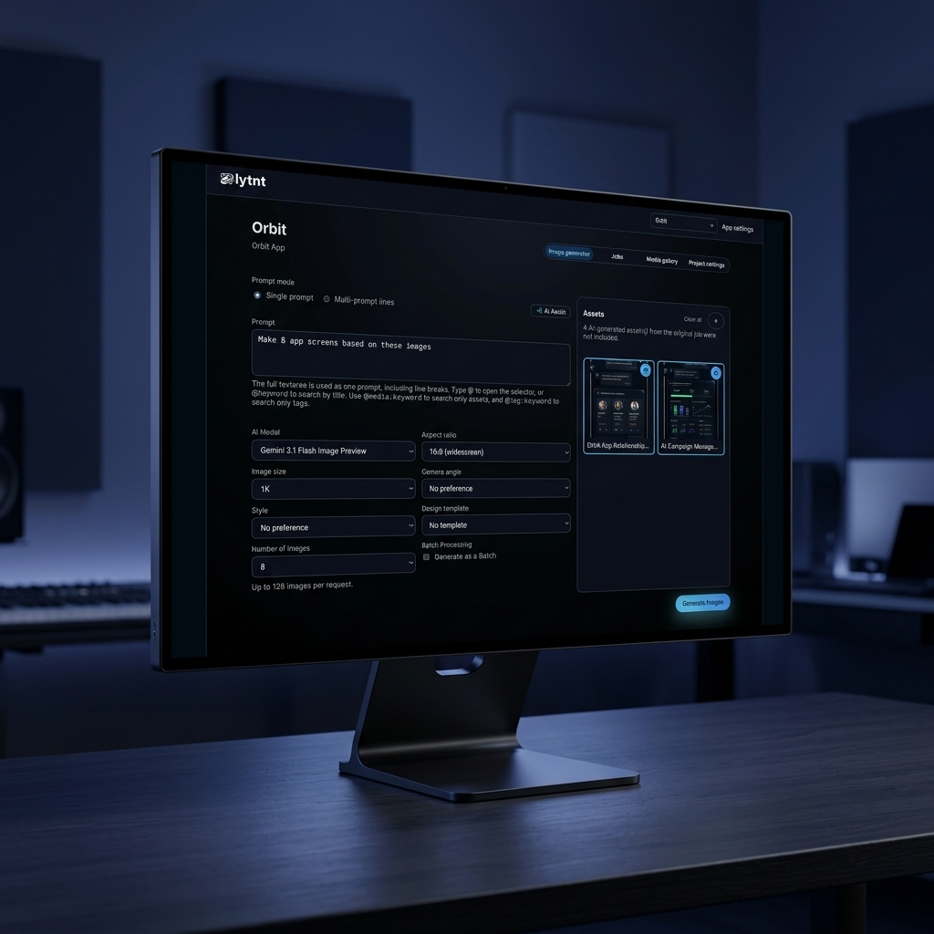 Lytnt's high-performance prompt editor interface showing batch parameters and asset settings.
